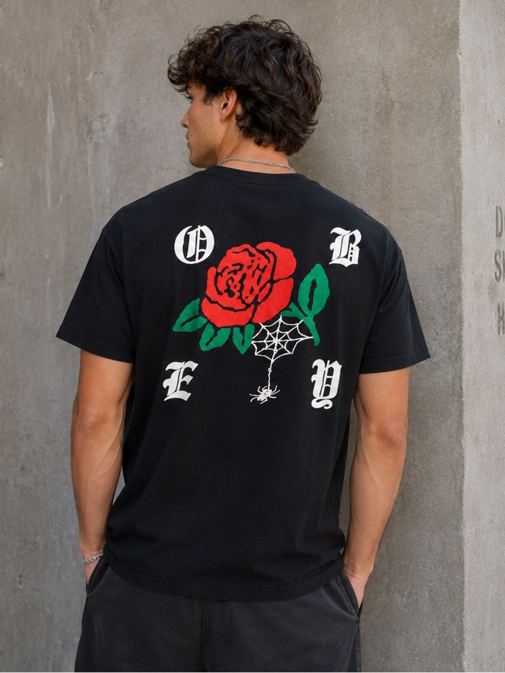 RARE Obey Black Short Sleeve Graphic Tee with Rose Detail